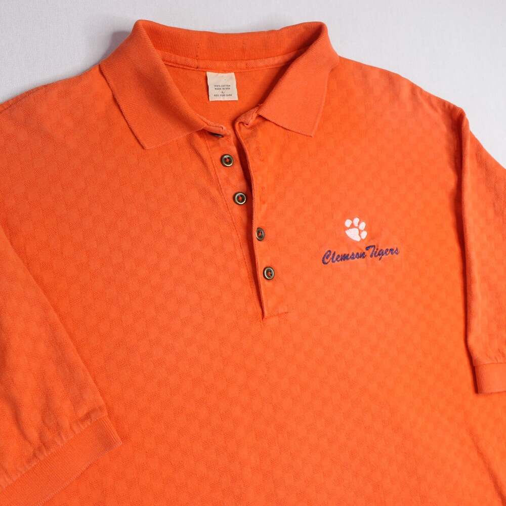 VTG 90s Clemson Tigers Orange Checkered Polo Shirt Men’s Large Made In USA Faded